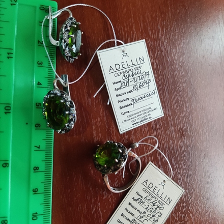 Серебряные серьги+ кольцо с зелеными камнями