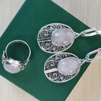 Серьги+ кольцо с розовым кварцем серебро