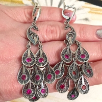 серебряная птица серьги +с рубином