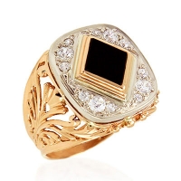 Мужское кольцо из золота  с фианитами и агатом