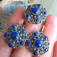 Серебряные серьги+ кольцо с синим камнем