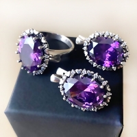 Серебряные серьги+ кольцо с фиолетовым камнем