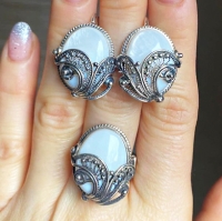 Сережки+ кольцо  с лунным камнем