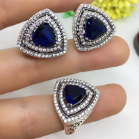 Серьги+кольцо с синим камнем
